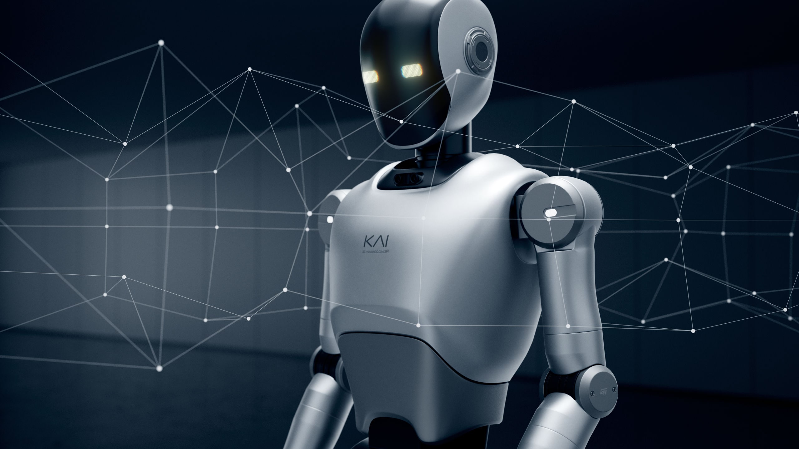 Humanoid robot standing in front of a digital network background