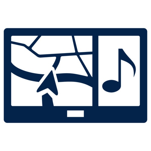 车载仪表盘显示屏图标，左侧为导航地图，右侧为音符。