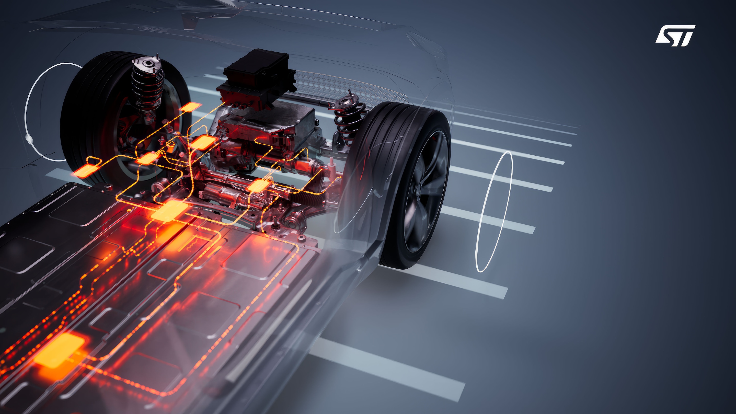 展示电子元件和布线的透明车架，带有意法半导体徽标。