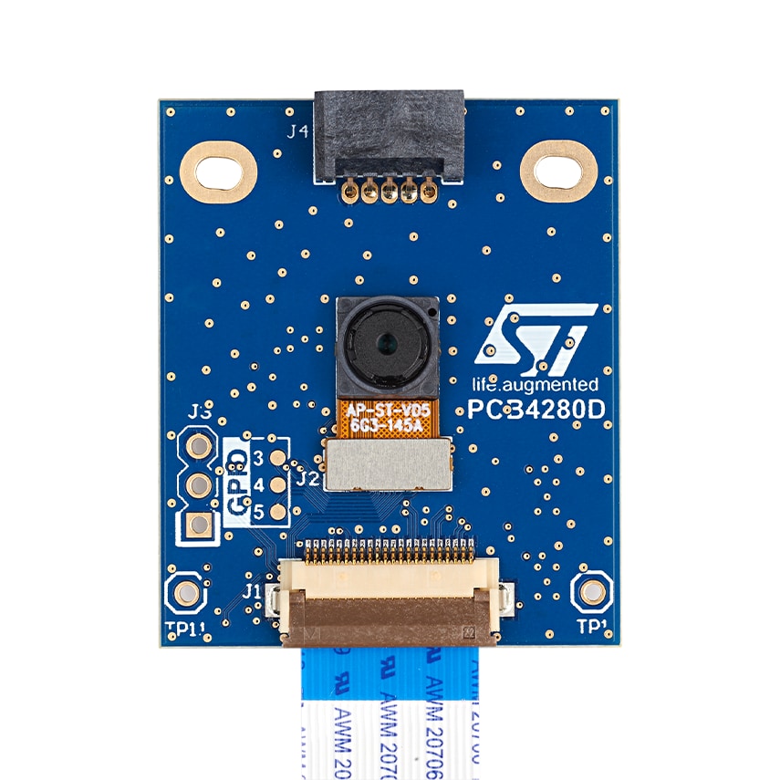 一块标有“PCB4290”字样的蓝色意法半导体PCB，其底部附有各种电子元件、连接器以及一个带状电缆。
