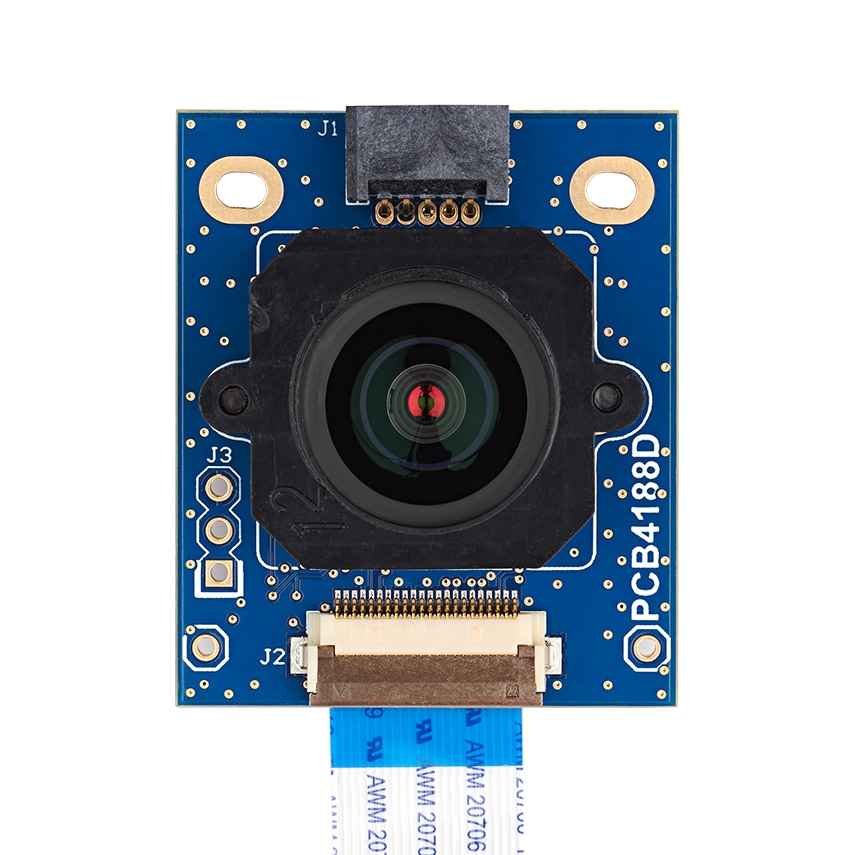 一块标有“PCB4290”字样的蓝色意法半导体PCB，其中间嵌有一个摄像头模块，且底部附有各种电子元件、连接器以及一个带状电缆。