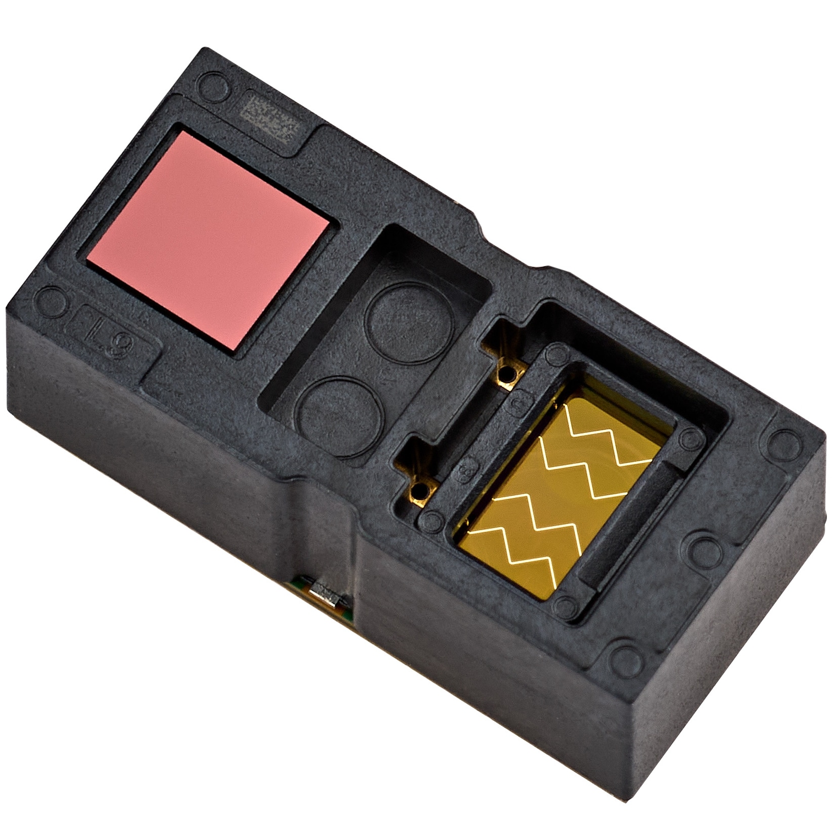 A close-up of a small rectangular image sensor