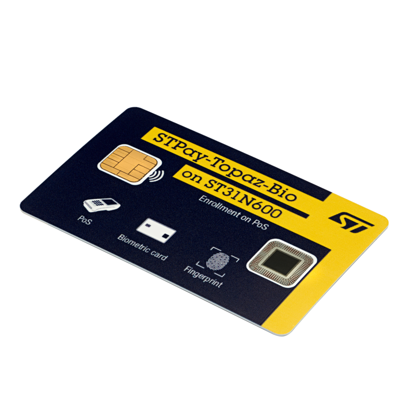图片展示意法半导体开发的标有“STPay-Topaz-Bio on ST31N600”的矩形小器件，内含芯片。
