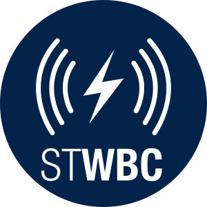 圆形标志，中心白色闪电符号，两侧曲线代表无线信号。标志下方白色字母组成的文本“STWBC”。
