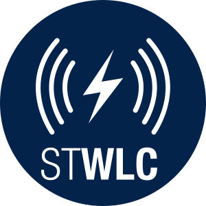 圆形标志，中心白色闪电符号，两侧曲线代表无线信号。标志下方白色字母组成的文本“STWLC”。