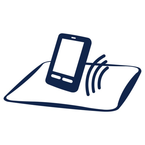 智能手机图示,置于平面上方发出无线充电曲线。