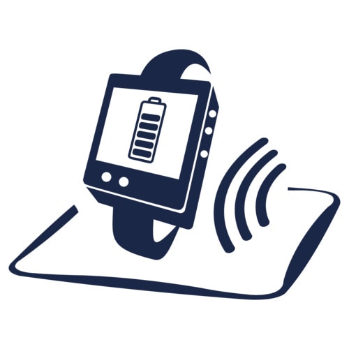 智能手表图示,屏幕显示电池图标。手表置于平面上方,右侧发出曲线象征无线充电。