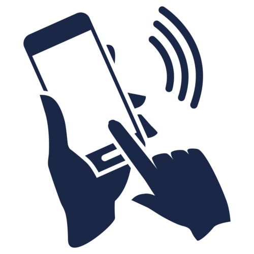 icon of a hand holding a smartphone with contactless signal waves