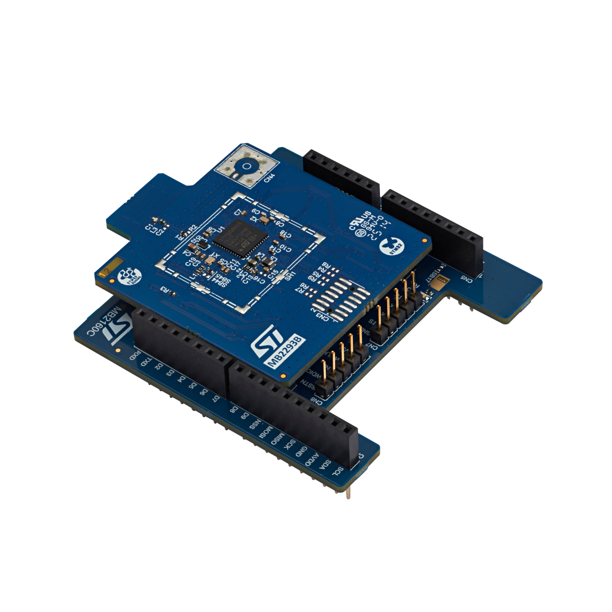 Stacked STMicroelectronics evaluation boards with pin headers.