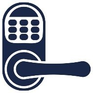 Icon of an electronic door lock with a keypad and handle. 