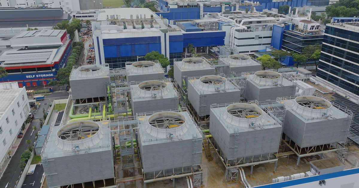 STMicroelectronics Ang Mo Kio Technopark industrial district cooling system showing cooling towers