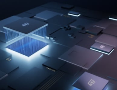 具有未来感蓝色光芒的意法半导体微芯片